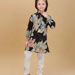 Ministitch Cotton Rayon Woven Full Sleeves Floral Printed Kurta Pant Set - Black-image-70