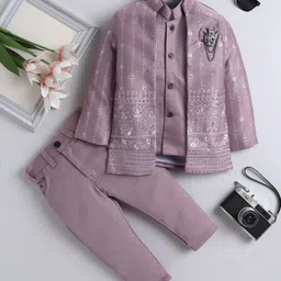 Fourfolds Jacquard Woven Full Sleeves Floral Embroidered Sequins Embellished Sherwani With Pant & Jacket Set - Mauve-picture-15