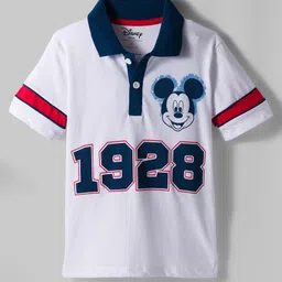 Ollington St. Disney Single Jersey Knit Oversize Drop Shoulder Half Sleeves Polo T-Shirt and Shorts Set with Front and Back Mickey Mouse Graphics - White & Navy Blue image 2