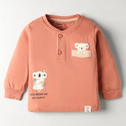 CUCUMBER Sinker Knit Full Sleeves Henley Neck T-Shirt & Joggers Set With Koala Print - Orange & Peach image 2