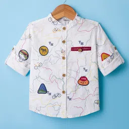 ToffyHouse Poplin Woven Full Sleeves Printed Party Shirt & Trouser Set with Suspender & Patch Detailing - Wine & White image 2