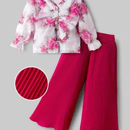 OLLINGTON ST. Georgette Woven Full Sleeves Floral Printed Top & Pleated Satin Culottes Set - Maroon & Pink image 2