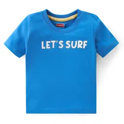 Babyhug 100% Cotton Knit Dungaree and Half Sleeves T-Shirt Set Text & Teddy Print - Blue & Yellow image 3