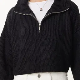 Happiness istanbul Women Siyah Mock Collar Ribbed Crop Pullover image 2