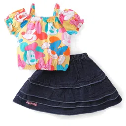 Babyhug Disney Single Jersey Knit Half Sleeves Top And Denim Skirt With Minnie Mouse Print - Multicolor image 5