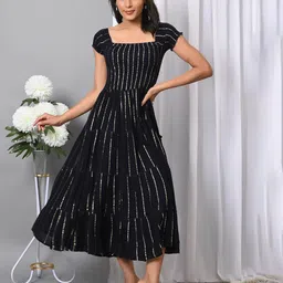 IQRAAR Women Flared Square Neck Dress-picture-42