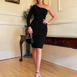 R.Code by The Roadster Life Co. Women One Shoulder Ruched Bodycon Above Knee Dress-picture-34