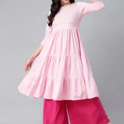MBE Women Pink Floral Yoke Design Pure Cotton Gotta Patti Pastels Tiered Anarkali Kurta-picture-25