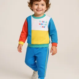 Babyhug Terry Knit Full Sleeves Cut & Sew T-Shirt & Lounge Pants Set With Text Print - Blue-picture-31