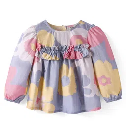 Hugsntugs Cotton Full Puffed Sleeves Floral Printed Frill Detailed Top - Pink & Grey-picture-20
