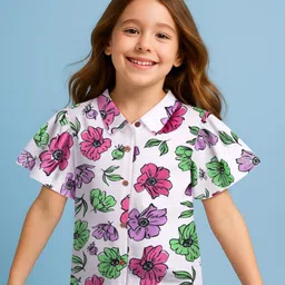 Pine Kids Cotton Knit Flutter Sleeves Top with Floral Print - White-picture-26