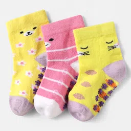 Cute Walk by Babyhug Knit Ankle Length Anti Skid Socks With Stripes & Floral Design Pack Of 3 - Yellow & Pink-image-48