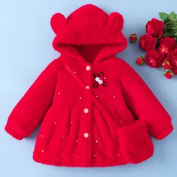 Mark & Mia Full Sleeves Hooded Fur Winter Jacket With Sling Bag & Ears Applique - Red-picture-39