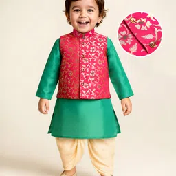 Earthy Touch Woven Full Sleeves Kurta & Dhoti Set With Floral Foil Printed Jacket - Teal Blue & Dark Pink-image-47