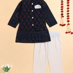 The Magic Wand Cotton Woven Full Sleeves Floral Printed Kurta Pyjama With Jacket Set - Navy Blue-picture-23