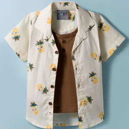 Dapper Dudes Half Sleeves Pineapples Printed Shirt With Attached Tee - Cream-picture-21