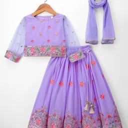 Babyhug Georgette Woven Three Fourth Sleeve Choli Lehenga & Dupatta Set with Floral Embroidery - Lavender-picture-17