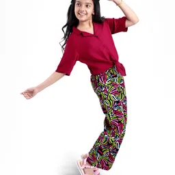 Pine Kids Cotton Woven Half Sleeves Solid Shirt Style Top & Printed Lounge Pants - Maroon image 2
