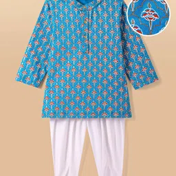 EARTHY TOUCH Single Jersey Knit Full Sleeves Kurta Dhoti Set with Floral Print - Blue image 2
