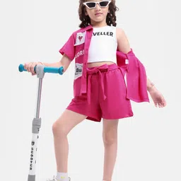 Ollington St. Cotton Shrug & Shorts With Inner Lycra Rib Top Set with Vacay Theme Text Print - Pink & White image 2