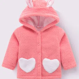 Kookie Kids Full Sleeves Solid Color Hooded Jacket With Bunny Ears Applique & Heart Design - Pink image 3