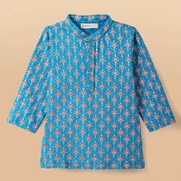 EARTHY TOUCH Single Jersey Knit Full Sleeves Kurta Dhoti Set with Floral Print - Blue image 3