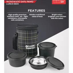 Classic Essentials Microwave Safe, Insulated, Leak Proof 3 Containers Lunch Box, 1250 ml, Black image 3