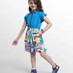 ollington st. Ollington St.Cotton Short Sleeves Front Open Top & Printed Skirt Set - Blue & Multicolor image 3