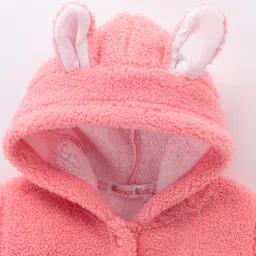 Kookie Kids Full Sleeves Solid Color Hooded Jacket With Bunny Ears Applique & Heart Design - Pink image 4