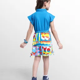 ollington st. Ollington St.Cotton Short Sleeves Front Open Top & Printed Skirt Set - Blue & Multicolor image 4