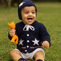 Little Angels Unisex Baby Printed Woollen Cardigan Sweaters With Cap and Socks Set-image-23