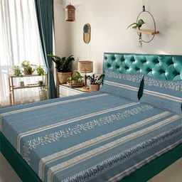 Arrabi Blue & Cream-Coloured 350 TC King Bedsheet with 2 Pillow Covers-image-67
