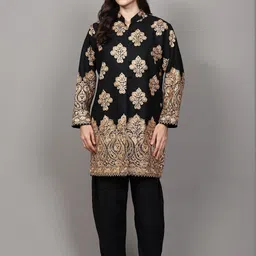 Exotic India Women Floral Woollen Longline Open Front Jacket with Embroidered image 2