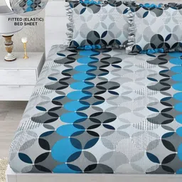 DREAM WEAVERZ Grey Geometric Printed Fitted 260 TC Double King Bedsheet & 2 Pillow Covers image 1