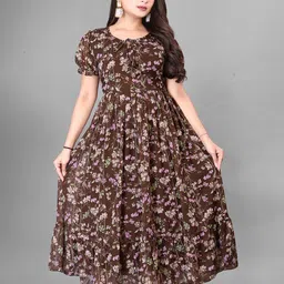 KRISHTI CREATION Floral Print Puff Sleeve Georgette Fit & Flare Maxi Dress-picture-42