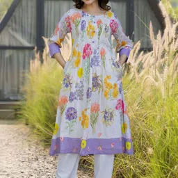 Indo Era Women Floral Printed Pleated Pure Cotton Kurta with Trousers-image-25