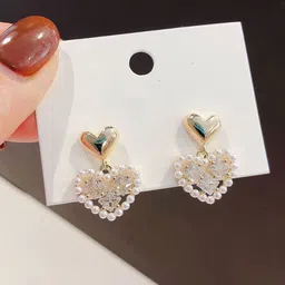 FIMBUL Gold-Plated Crystals Studded & Pearls Beaded Heart Shaped Drop Earrings image 4