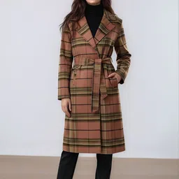 all about you Women Checked Single-Breasted Woollen Suede Trench Coat With Belt-picture-18