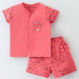 Doreme Single Jersey Knit Half Sleeves Shorts Sets Dino Print - Coral Rose-image-50