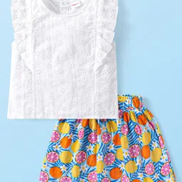 Babyhug Single Jersey Knit Frill Sleeves Schiffli Top & Skirt Set With Tropical Print - Multicolor-picture-12