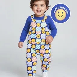 Babyhug Single Jersey Knit Dungaree with Full Sleeves Inner T-Shirt Emoji Print - Navy Blue-picture-12
