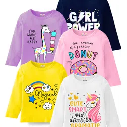 KUCHIPOO Pack Of 5 Cotton Full Sleeves Unicorn & Giraffe Printed Tees - Blue Purple Pink Yellow & White-picture-24