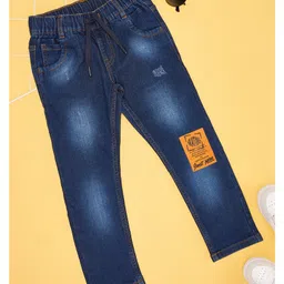 Pantaloons Junior Street Mode Text Patch Detailed Mild Washed & Distressed Jeans - Navy Blue-image-63