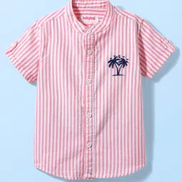 Babyhug Cotton Woven Half Sleeves Shirt With Tree Embroidery Stripes - Pink-picture-10