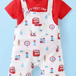 Babyhug Single Jersey Knit Half Sleeves T-Shirt & Dungaree with London Theme Print - Red & White-picture-12