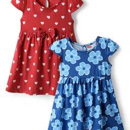 Babyhug Single Jersey Knit Cap Sleeves Frocks With Floral Print & Bow Applique Pack Of 2 - Red & Blue-picture-37