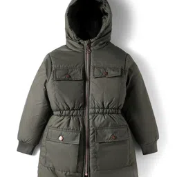 Pine Kids Woven Full Sleeves Solid Hooded Padded Jacket - Olive Green-picture-25