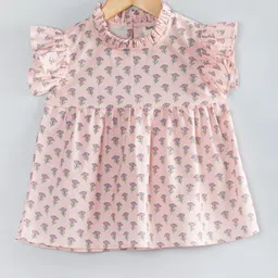 Hugsntugs Cotton Woven Frill Sleeves Floral Motifs Printed Top - Light Pink-image-96