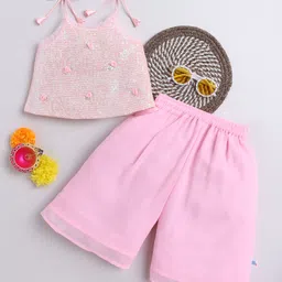 Many frocks & Woven Sleeveless Floral Applique Detailed Sequins Embellished Top & Palazzo Set - Pink-picture-13