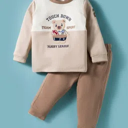 Ollypop Interlock Knit Full Sleeves T-Shirt and Joggers Set with Animal Patch Embroidery - Beige & Tan image 1